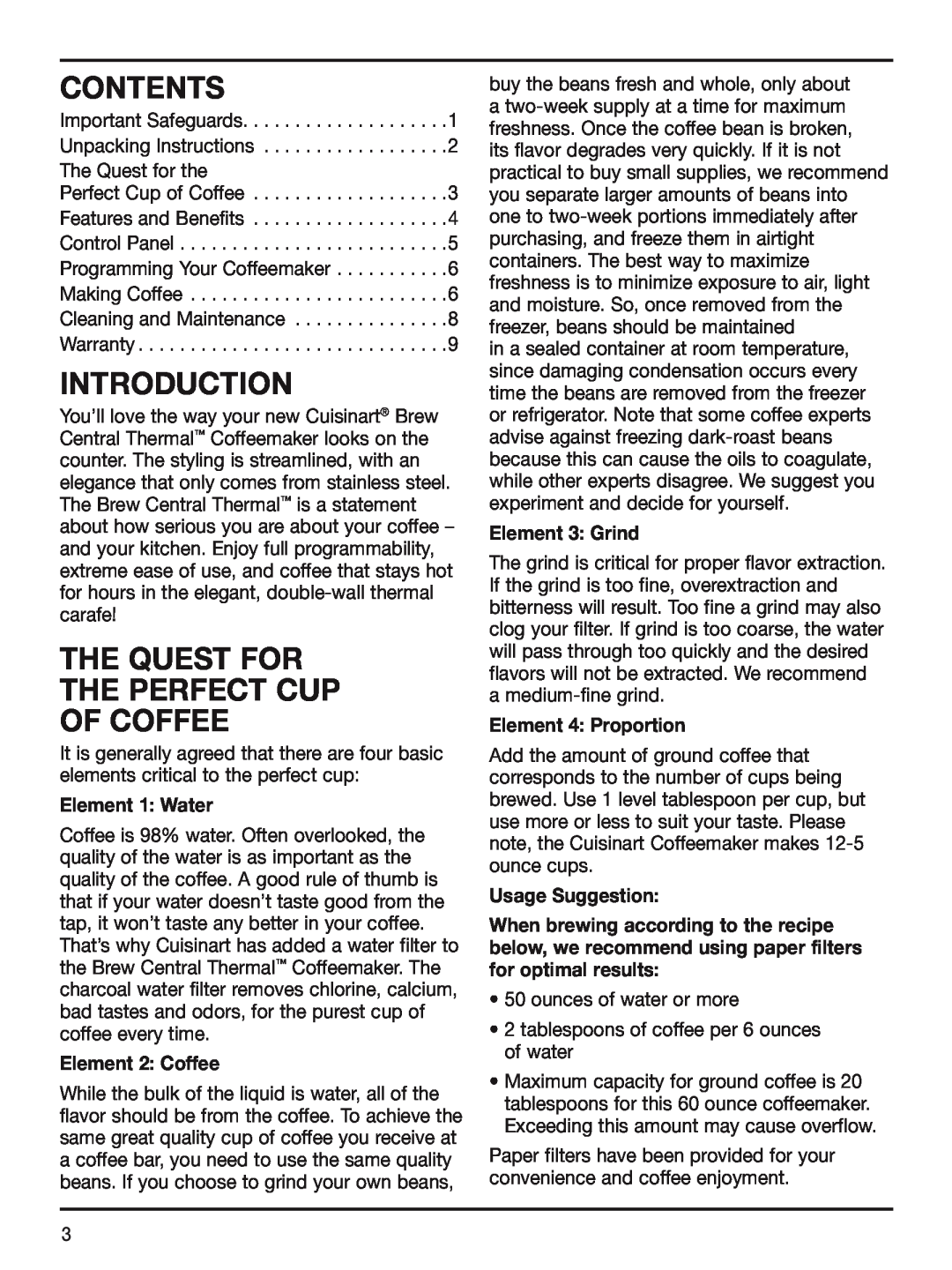 Cuisinart DCC-2400STR Contents, Introduction, The Quest for the Perfect Cup of Coffee, Element 1 Water, Element 2 Coffee 