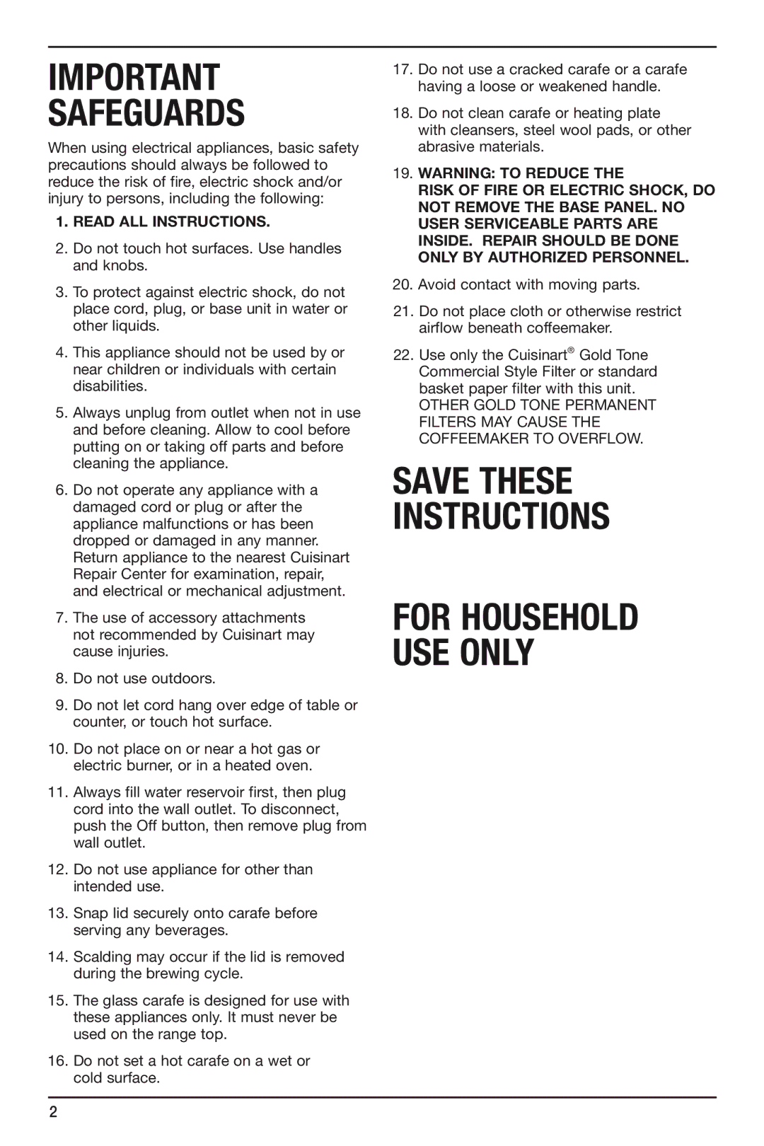 Cuisinart DCC-2600 Series manual Save These Instructions 