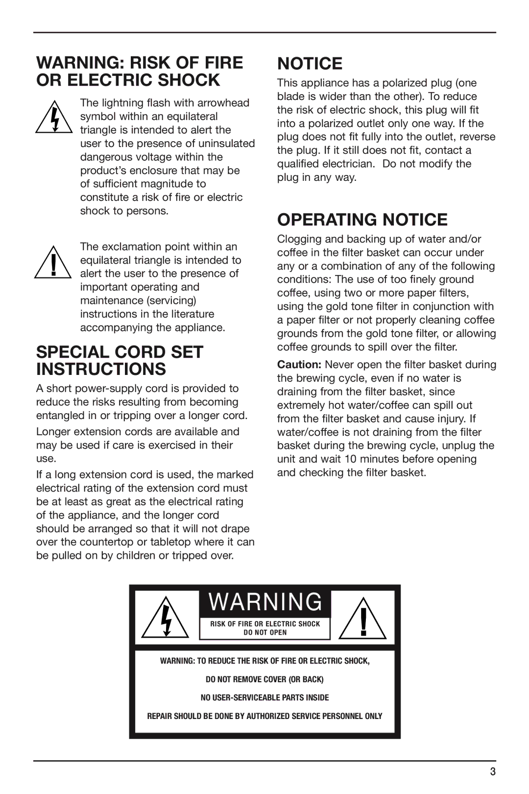 Cuisinart DCC-2600 manual Special Cord SET Instructions, Operating Notice 