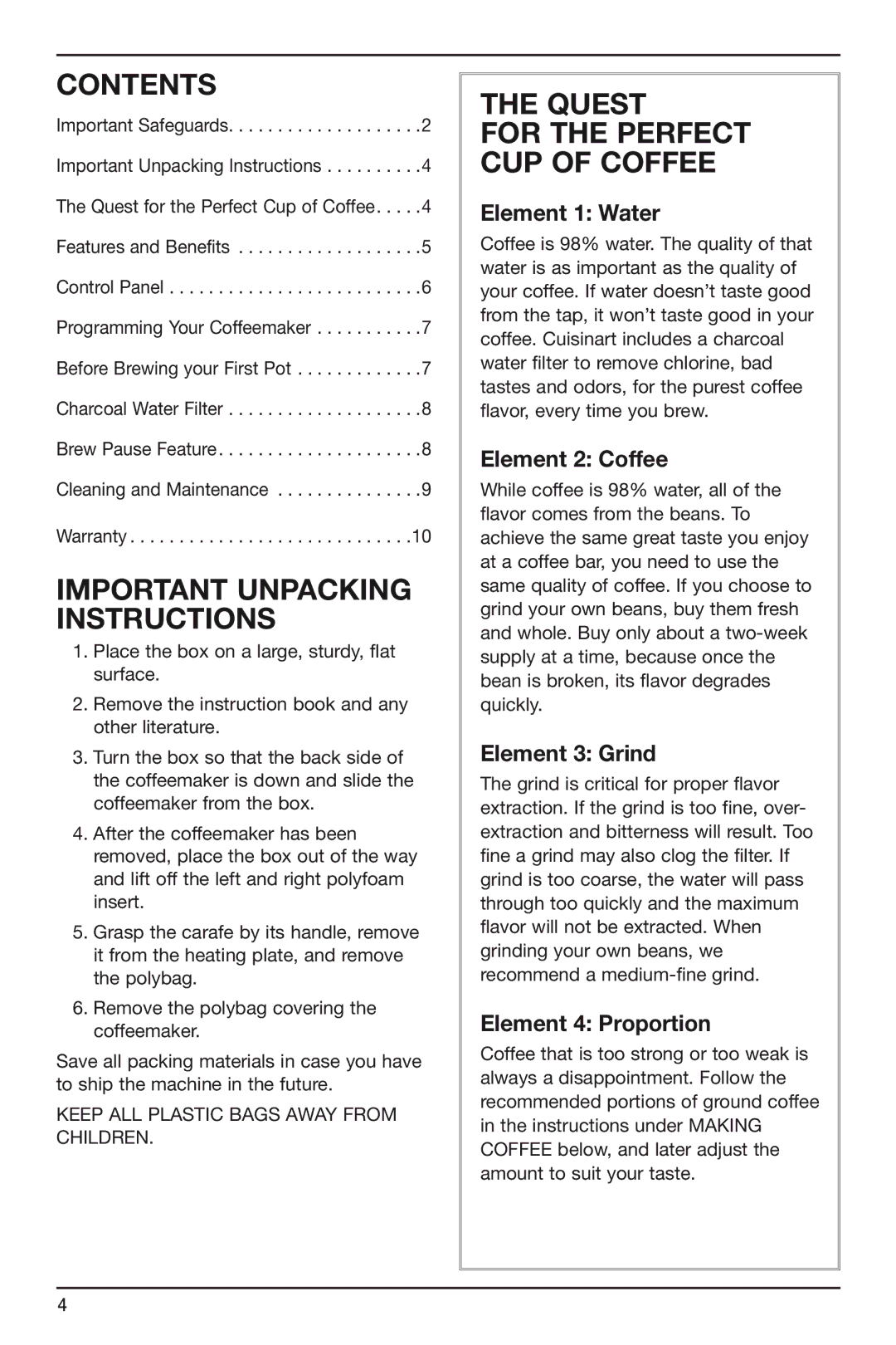 Cuisinart DCC-2600 manual Contents, Important Unpacking Instructions, Quest 