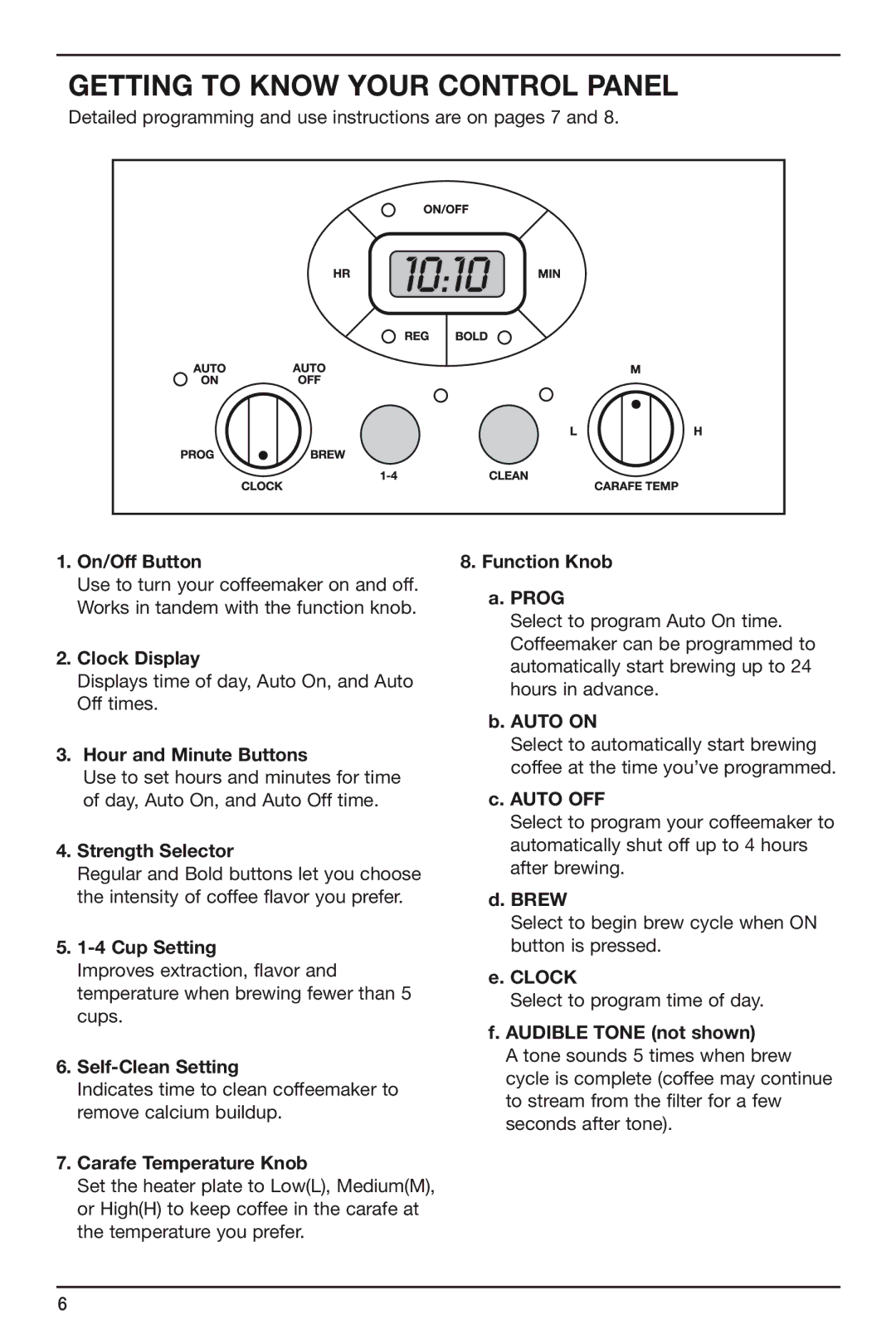 Cuisinart DCC-2600 On/Off Button, Clock Display, Hour and Minute Buttons, Strength Selector, Cup Setting, Auto on, Brew 