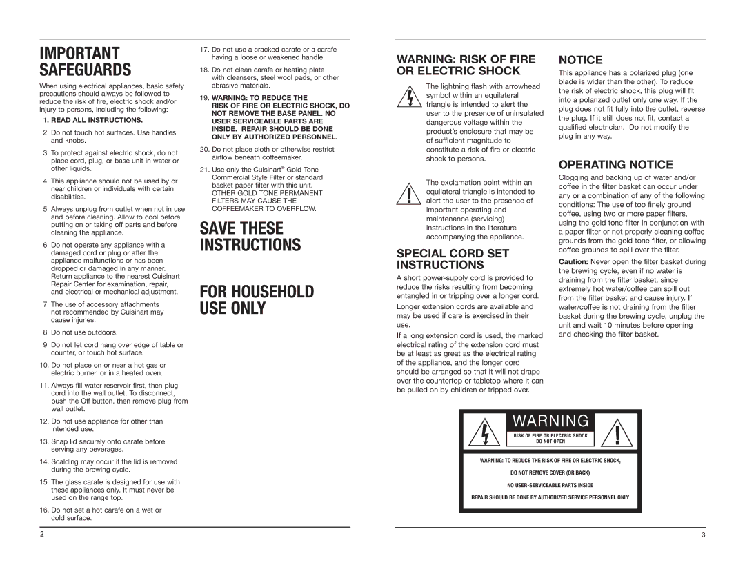 Cuisinart DCC-2600C manual Special Cord SET Instructions, Operating Notice 