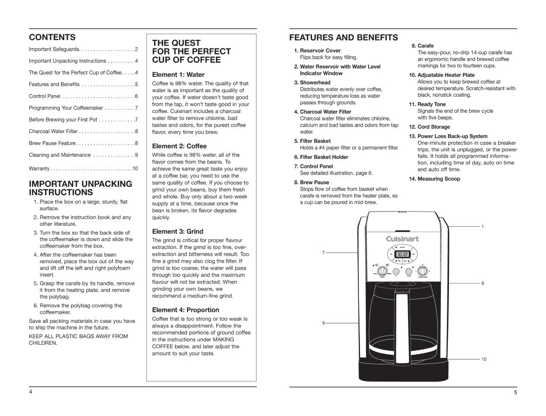 Cuisinart DCC-2600C manual Contents, Important Unpacking Instructions, Quest, Features and Benefits 