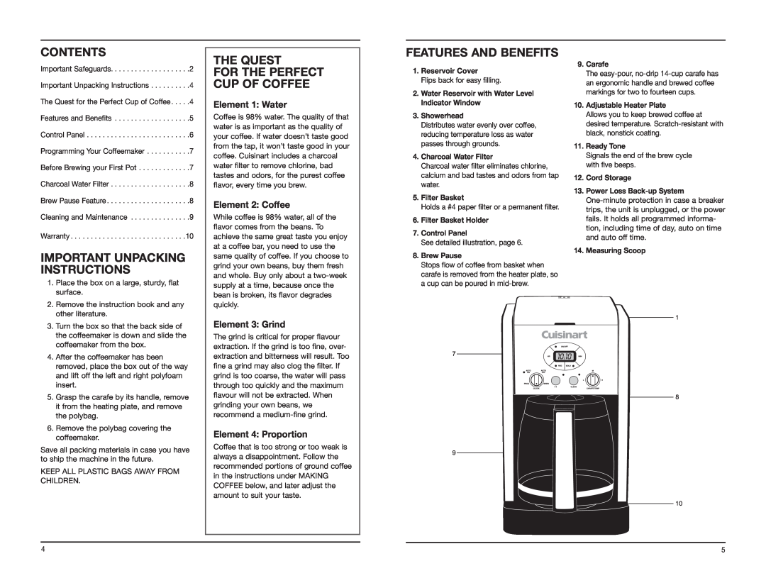 Cuisinart DCC-2600C manual Contents, Important Unpacking Instructions, The Quest, Features And Benefits, Element 1 Water 