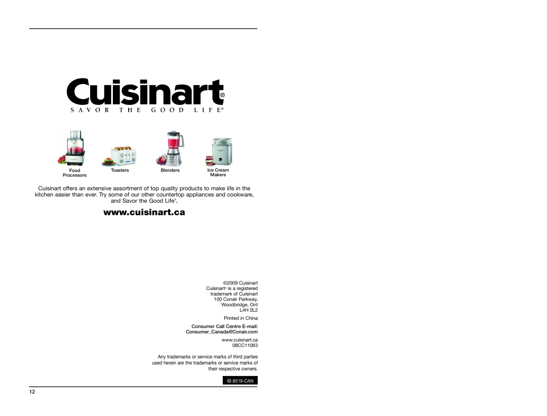 Cuisinart DCC-2600C manual Printed in China Consumer Call Centre E-mail, IB-8519-CAN 