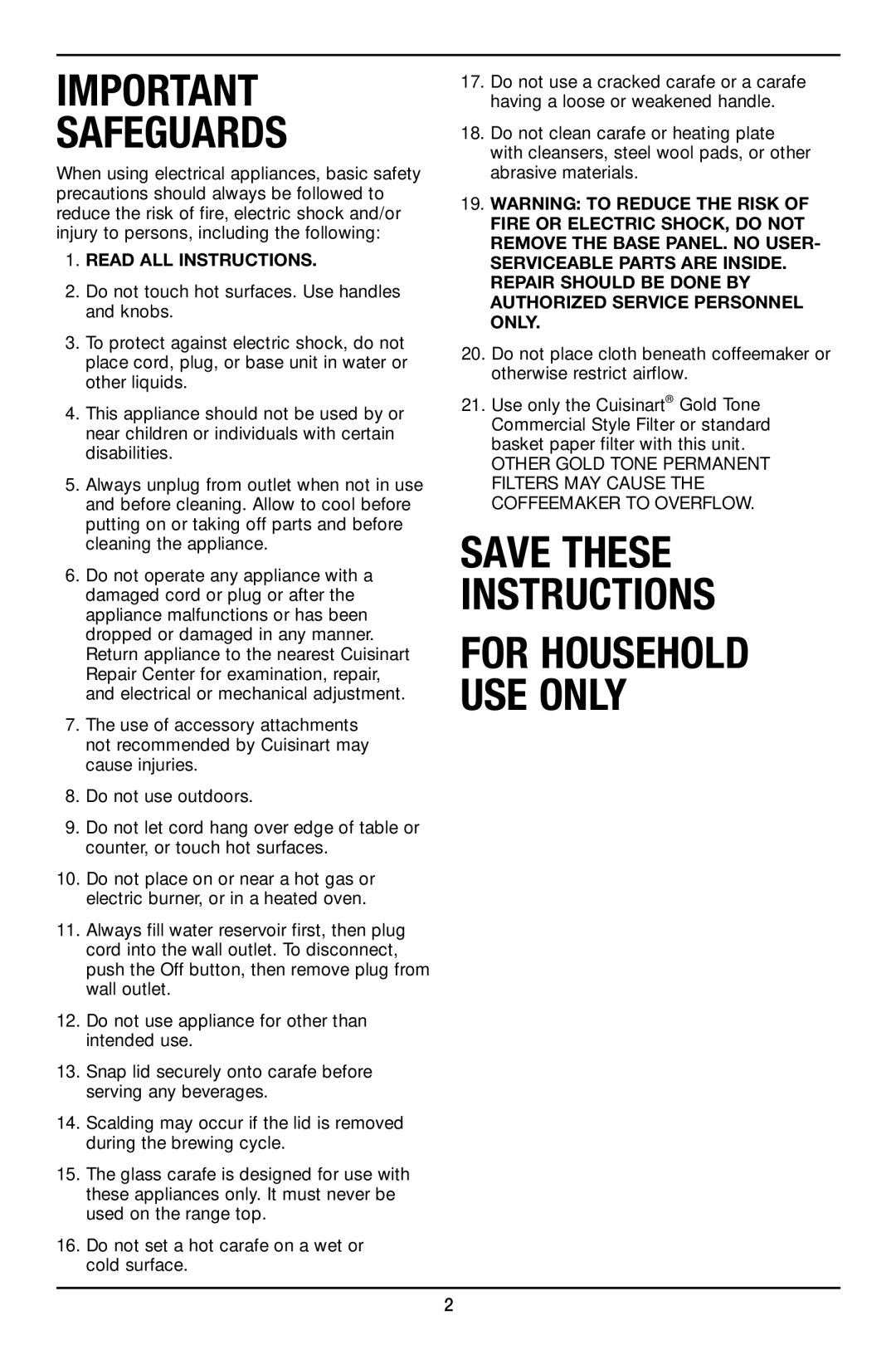 Cuisinart DCC-2650 manual Safeguards 