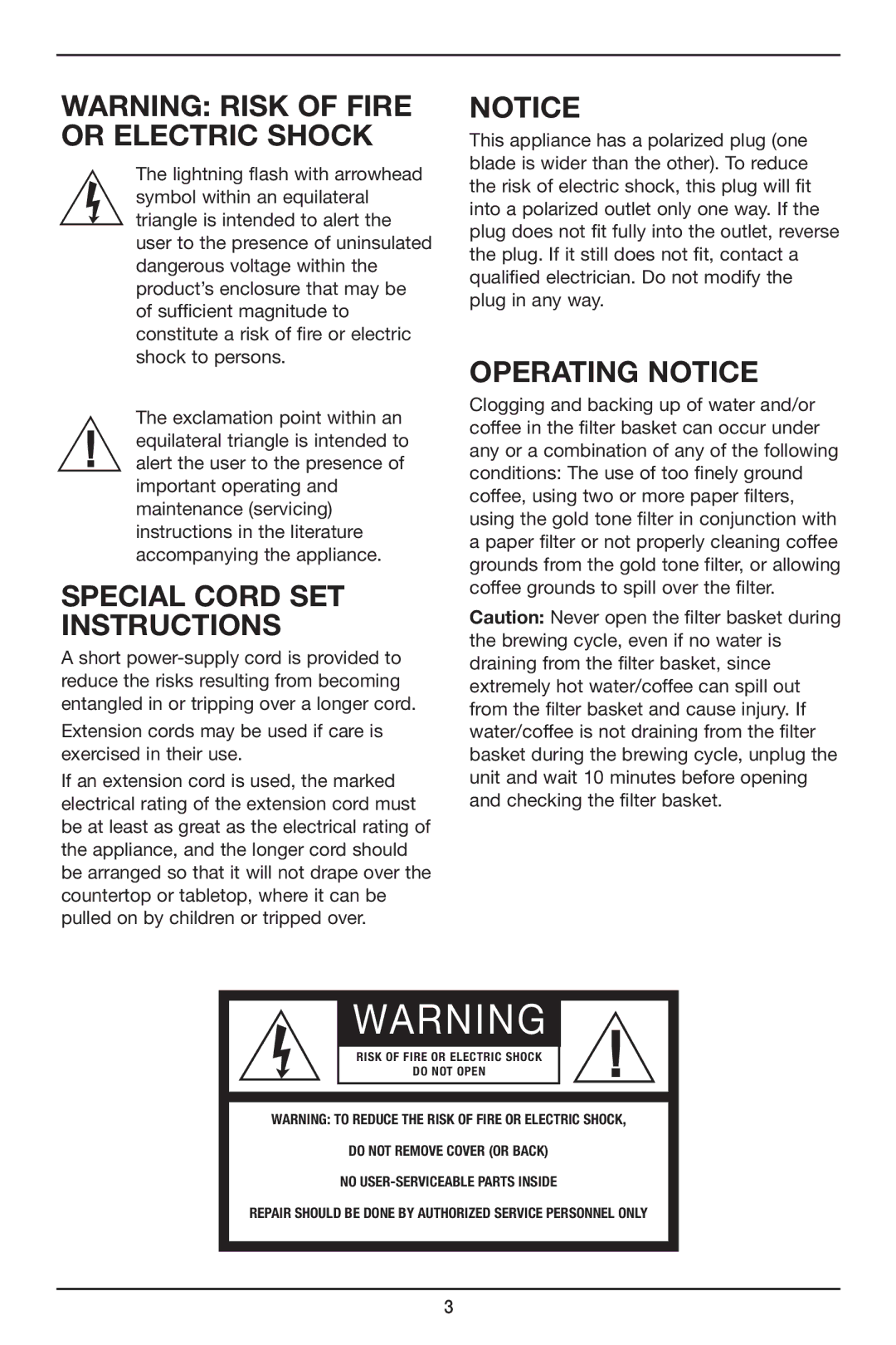 Cuisinart DCC-2650 manual Special Cord SET Instructions, Operating Notice 