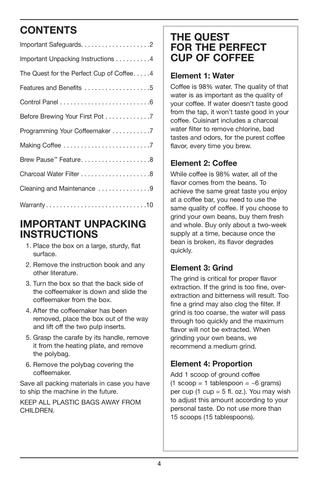 Cuisinart DCC-2650 manual Contents, Important Unpacking Instructions, Quest 