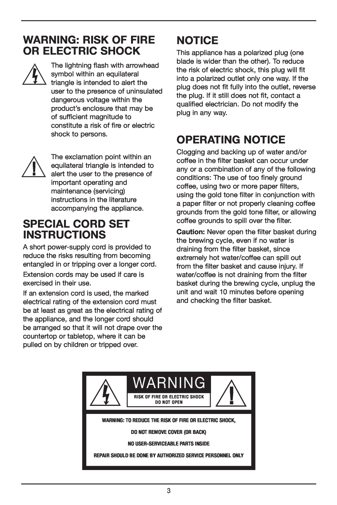 Cuisinart DCC-2650 manual WARNING RISK Of FIRE OR ELECTRIC SHOCK, Special Cord Set Instructions, Operating Notice 
