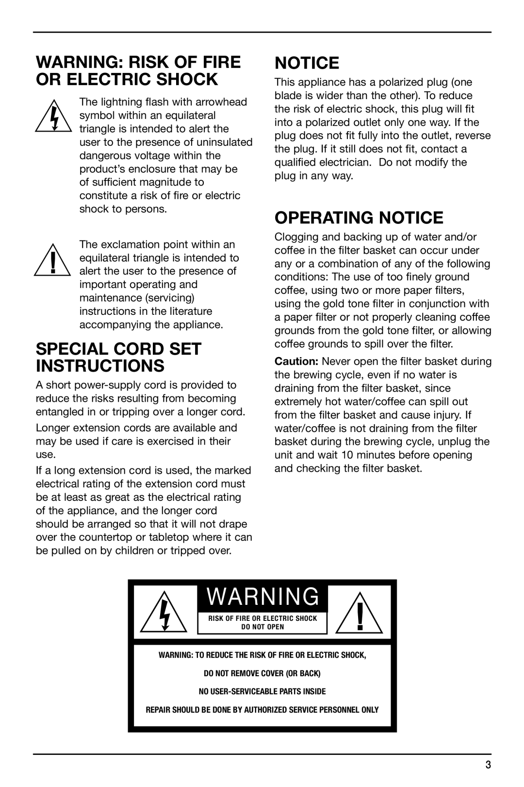 Cuisinart DCC-2700 manual WARNING RISK Of FIRE OR ELECTRIC SHOCK, Special Cord Set Instructions, Operating Notice 