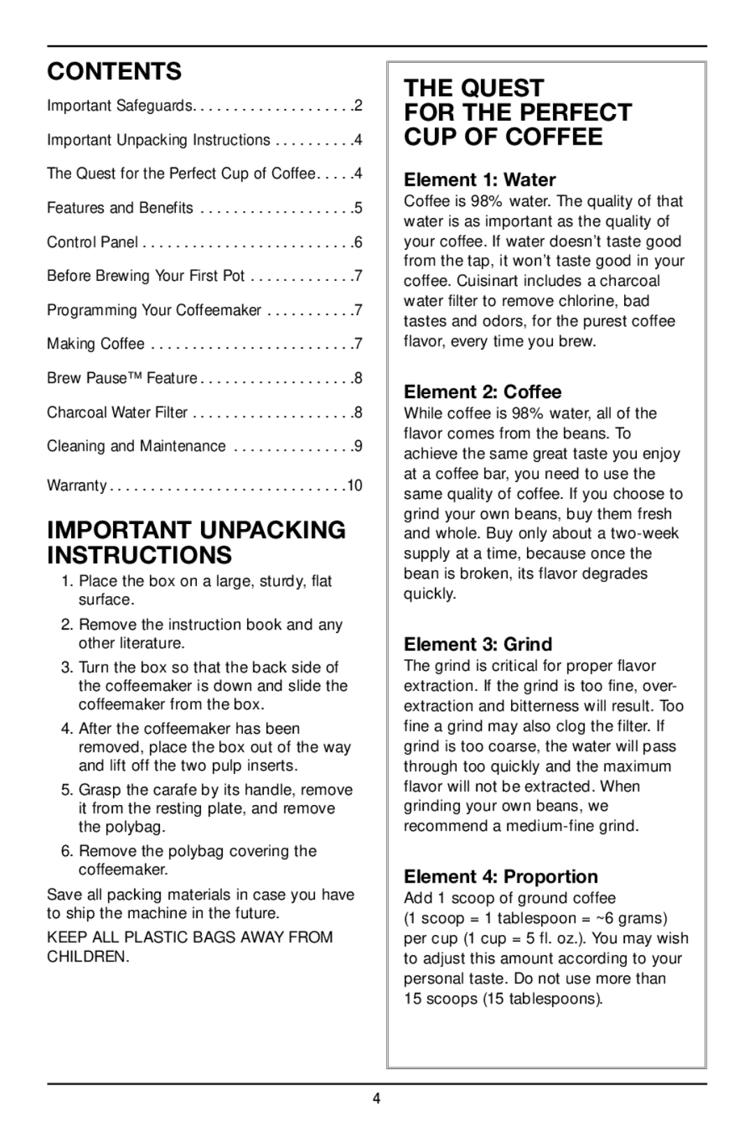 Cuisinart DCC-2750 manual Contents, Important Unpacking Instructions, Quest 