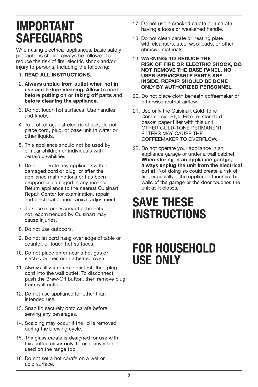 Cuisinart DCC-2800, DCC2800 manual Save These Instructions 