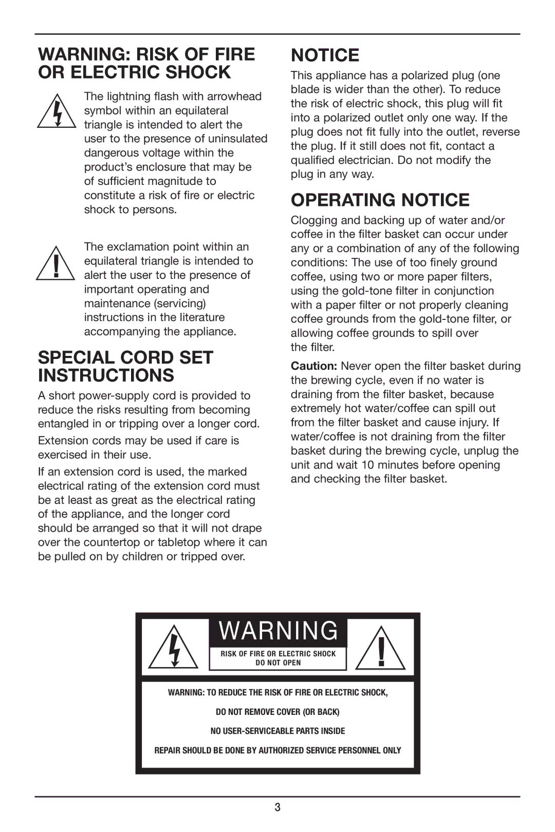 Cuisinart DCC2800, DCC-2800 manual Special Cord SET Instructions, Operating Notice 