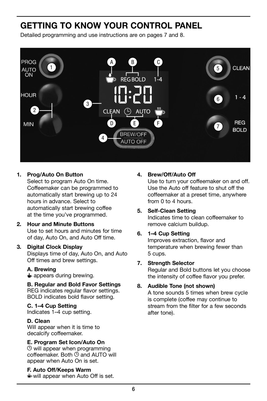 Cuisinart DCC-2800 manual Prog/Auto On Button, Hour and Minute Buttons, Digital Clock Display, Brewing, Auto Off/Keeps Warm 