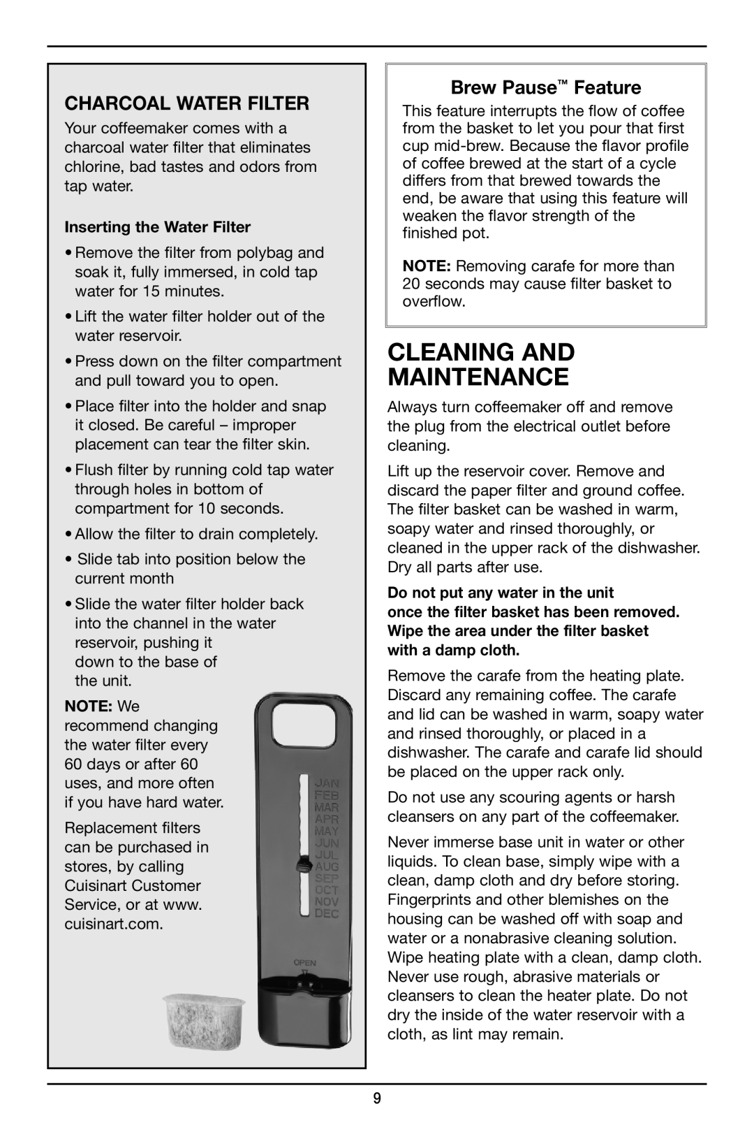 Cuisinart DCC2800, DCC-2800 manual Cleaning Maintenance, Brew Pause Feature, Inserting the Water Filter 