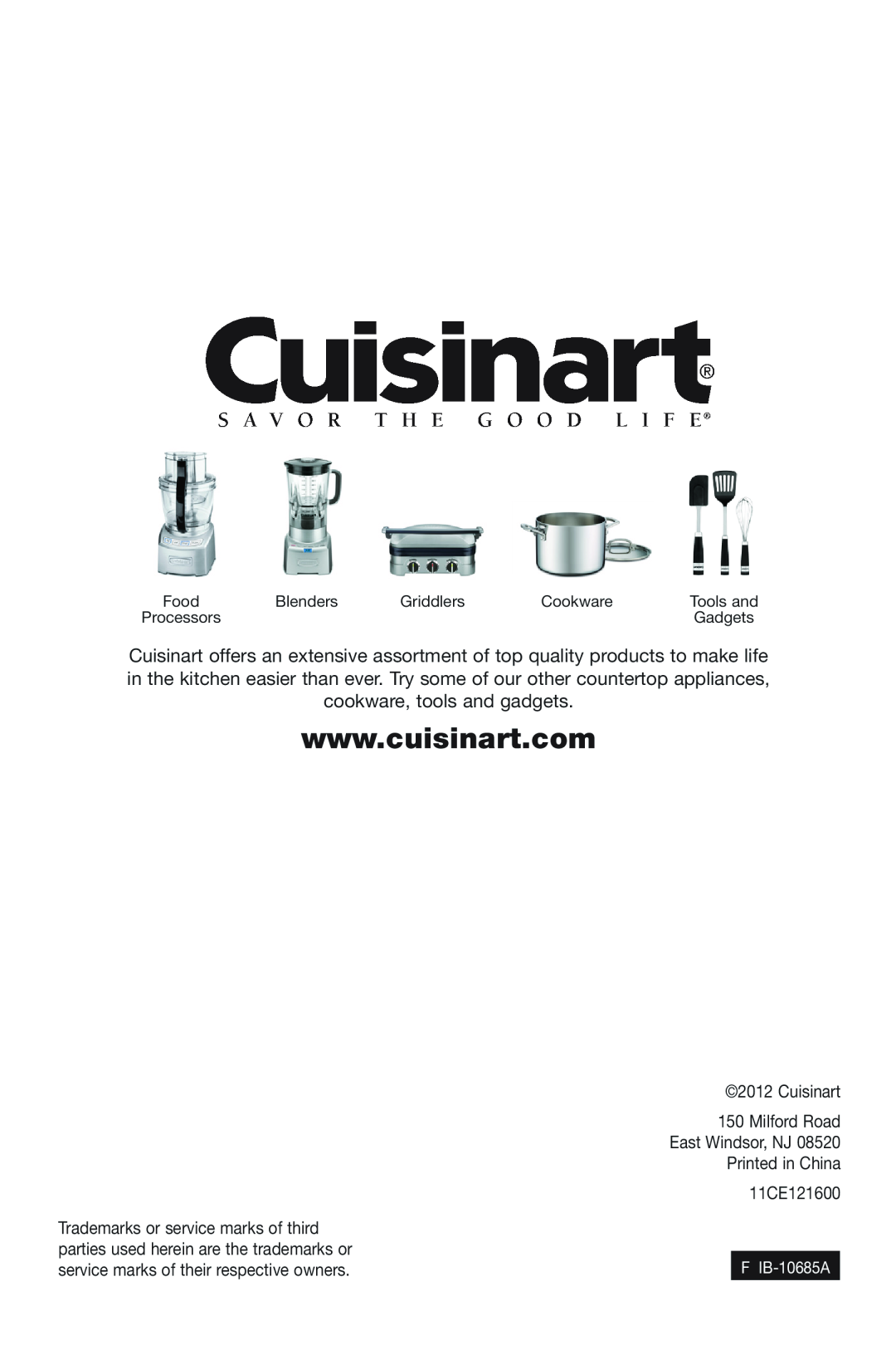 Cuisinart DCC-2800, DCC2800 manual F IB-10685A, Blenders, Griddlers, Cookware, Processors, Gadgets, Food, Tools and 
