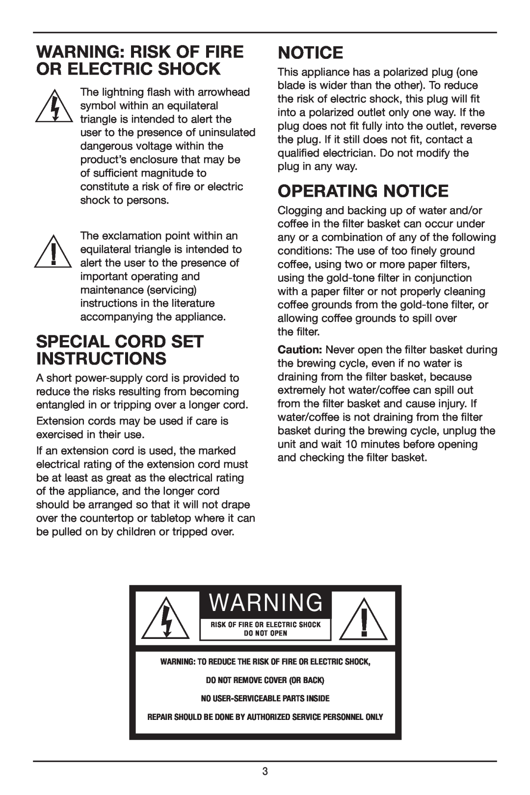 Cuisinart DCC2800, DCC-2800 manual WARNING RISK Of FIRE OR ELECTRIC SHOCK, Special Cord Set Instructions, Operating Notice 