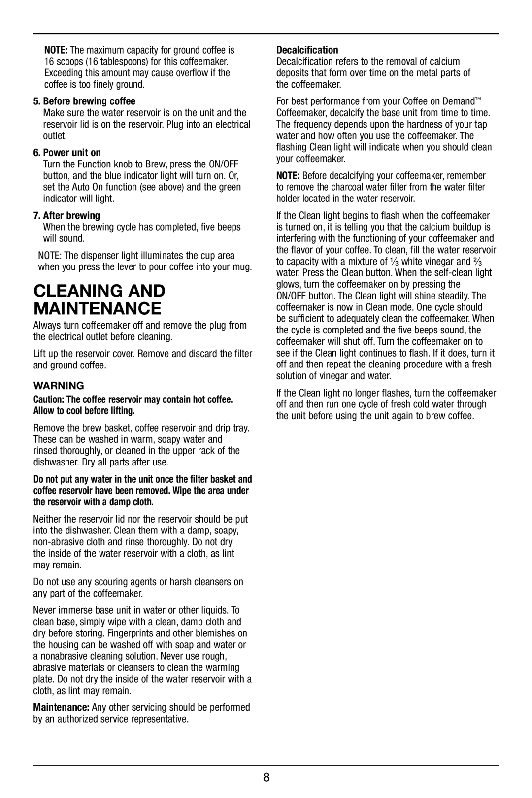 Cuisinart DCC-3000 manual Cleaning Maintenance 