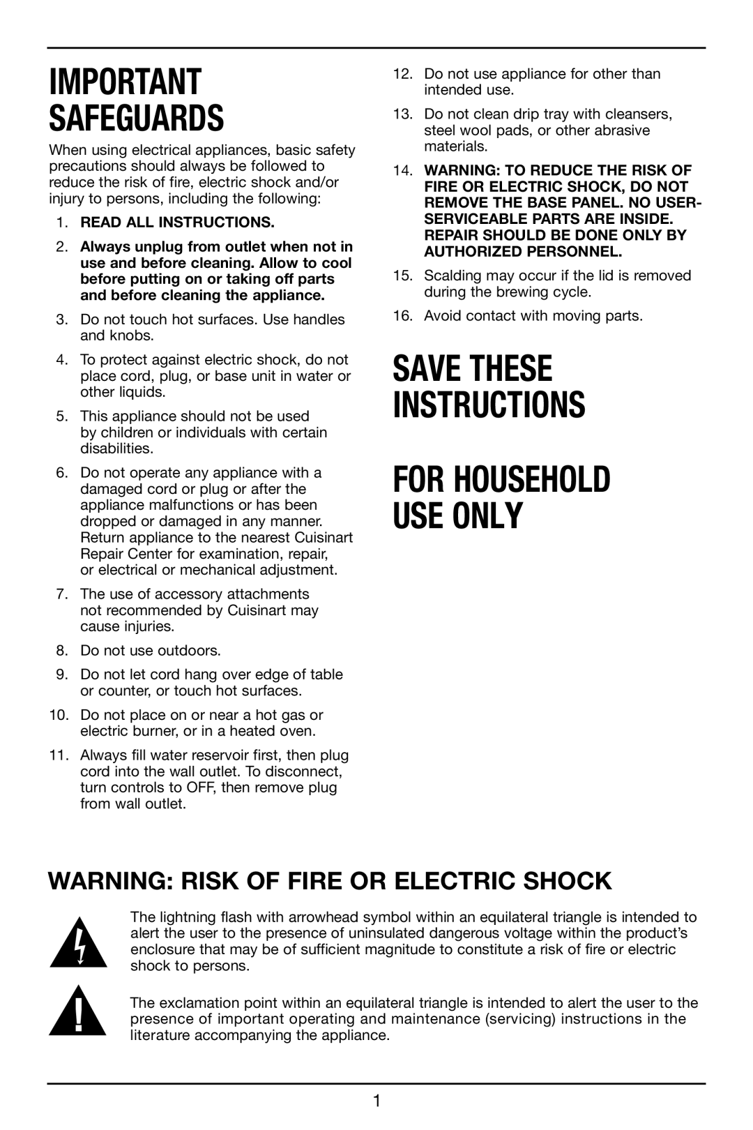 Cuisinart DCC-3000 manual Save These Instructions For Household USE only 