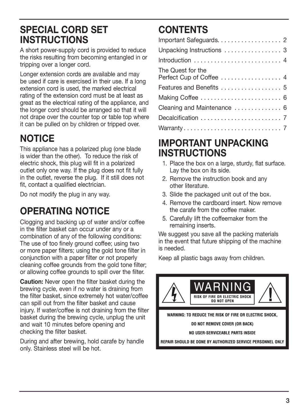 Cuisinart DCC-450BK manual Special Cord SET Instructions, Operating Notice 