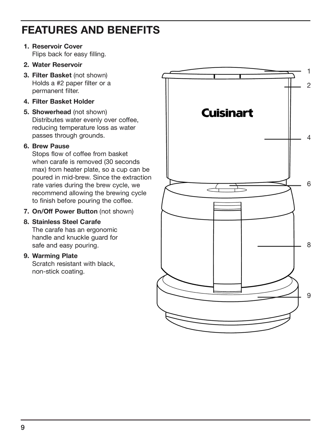 Cuisinart DCC-450CN manual Features and Benefits, Brew Pause 