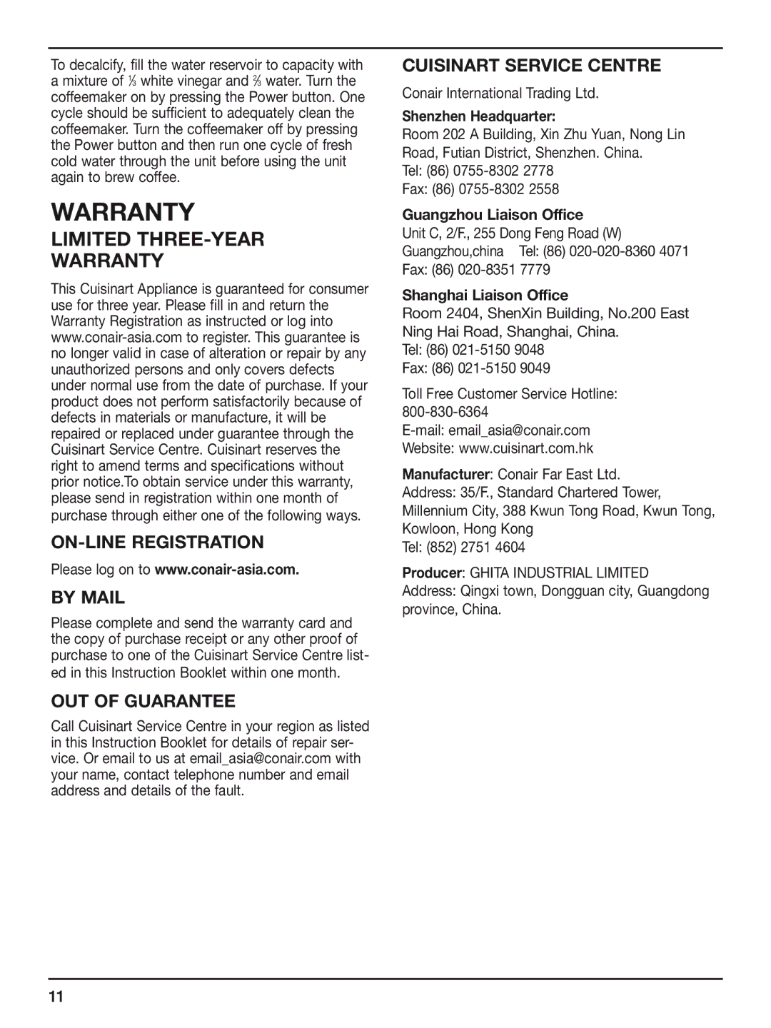 Cuisinart DCC-450CN manual Warranty 