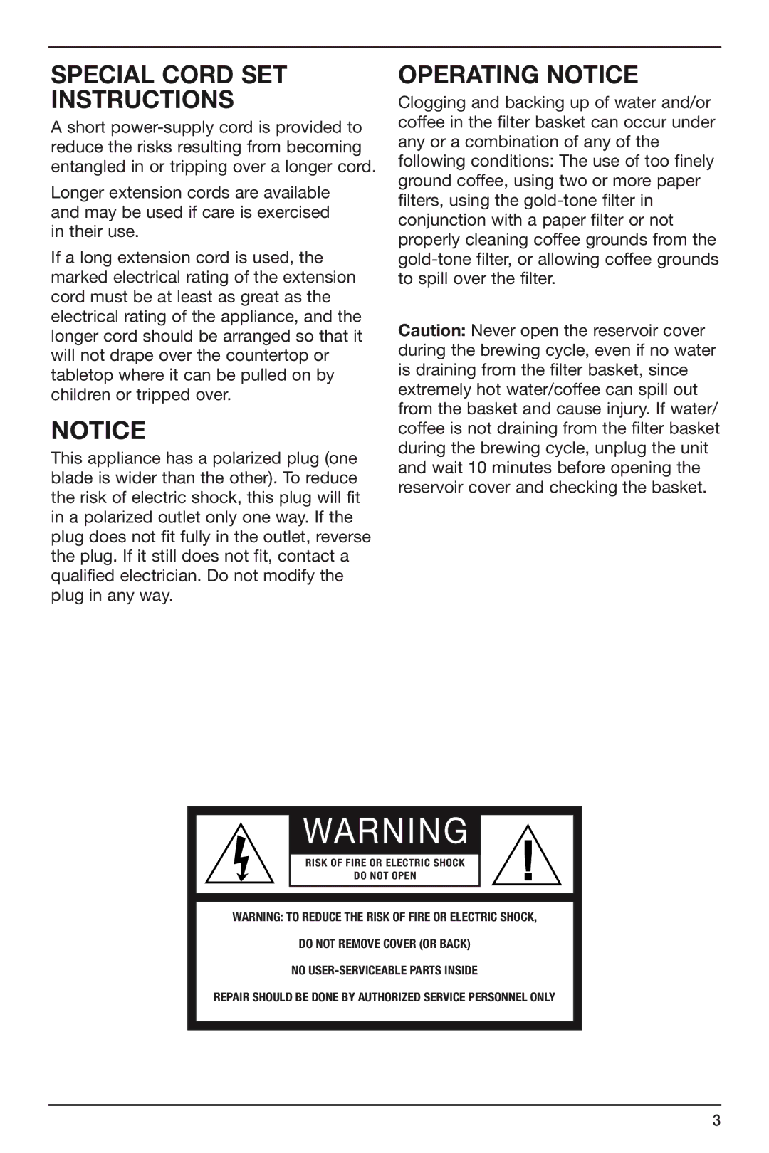 Cuisinart DCC-750 manual Special Cord SET Instructions, Operating Notice 