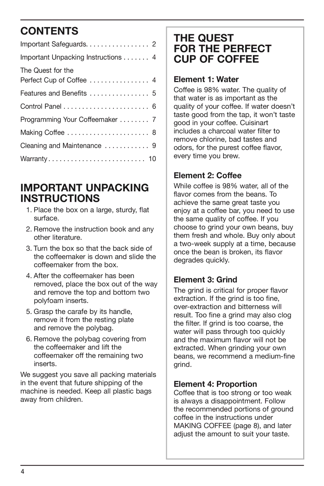 Cuisinart DCC-750 manual Contents, Quest, CUP of Coffee 