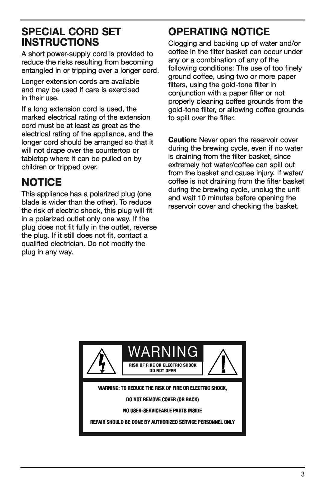 Cuisinart DCC-750 Special Cord Set Instructions, Operating Notice, Warning To Reduce The Risk Of Fire Or Electric Shock 