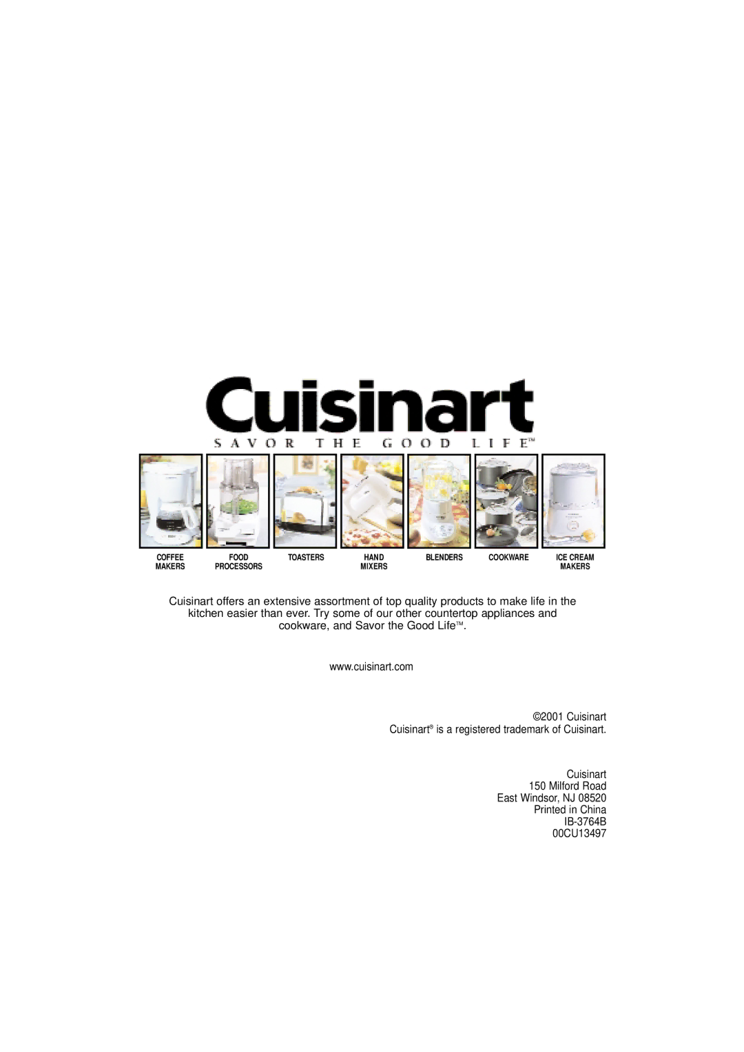 Cuisinart DCC-900 manual Cuisinart Milford Road East Windsor, NJ IB-3764B 00CU13497 