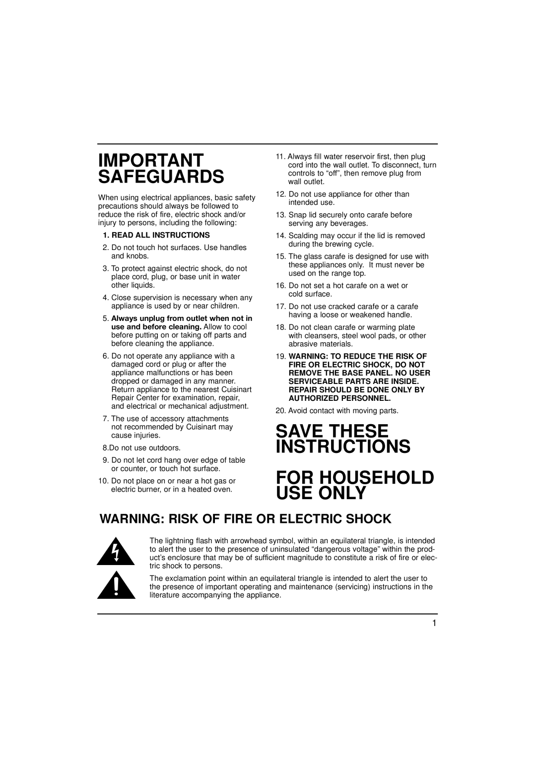 Cuisinart DCC-900 manual Important Safeguards, Read ALL Instructions 