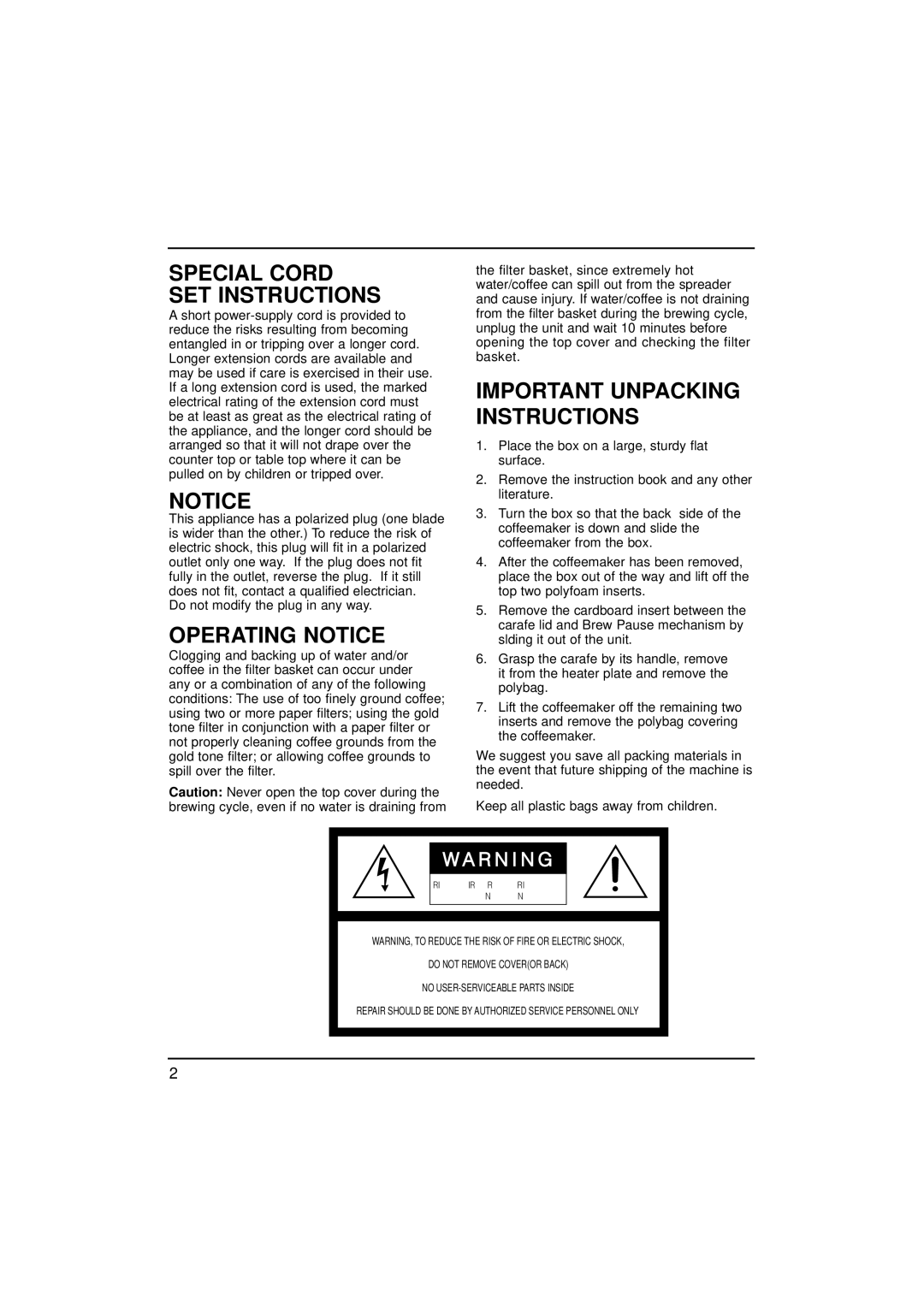 Cuisinart DCC-900 manual Special Cord SET Instructions, Operating Notice 