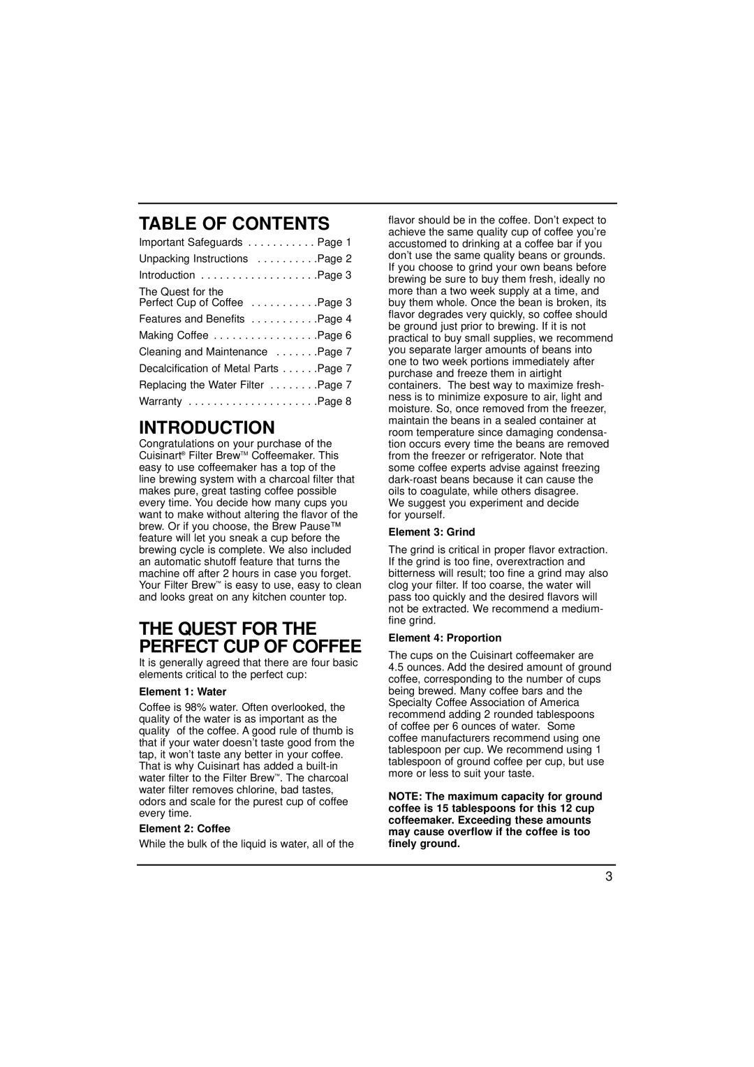 Cuisinart DCC-900 manual Table of Contents, Introduction 