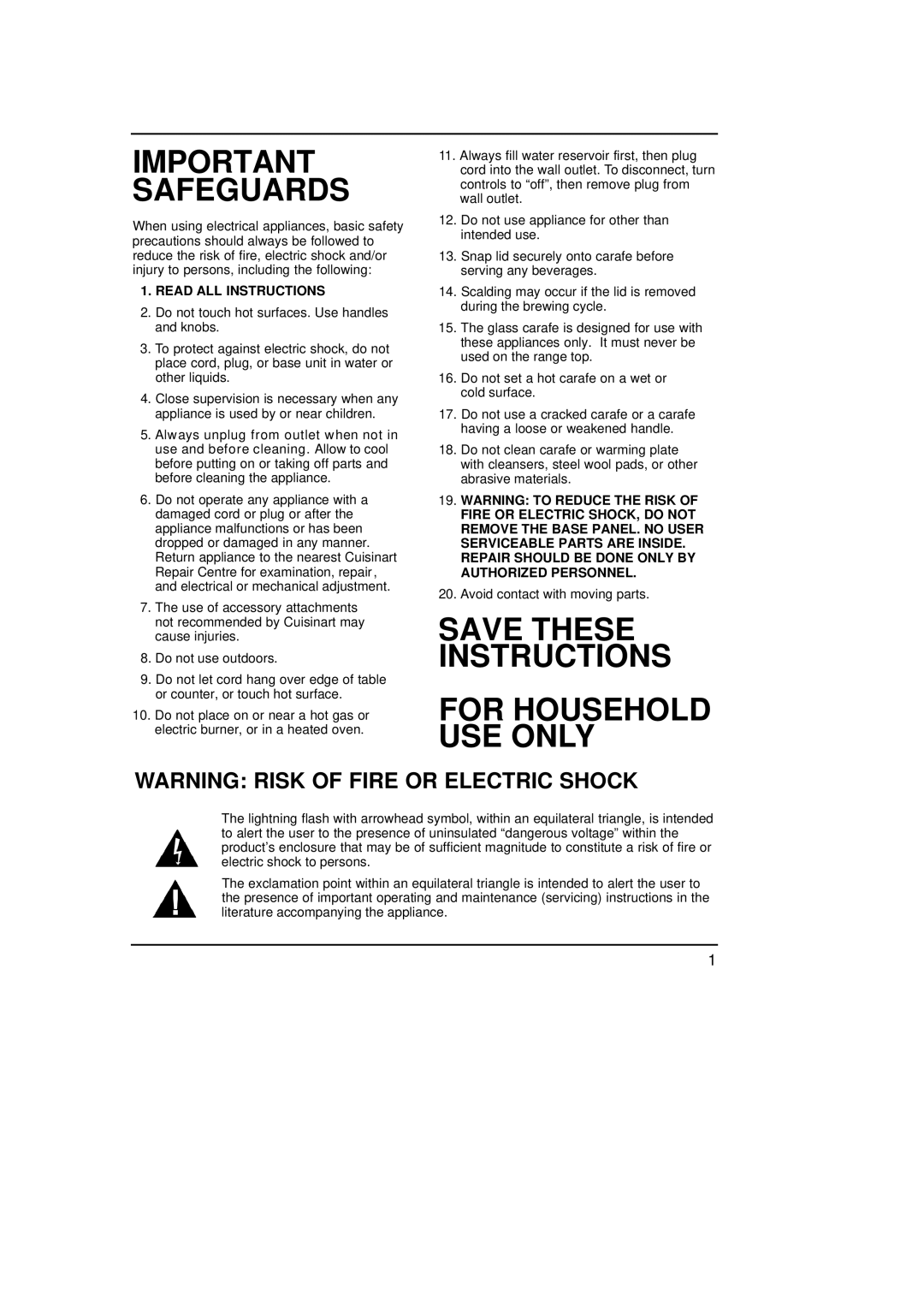 Cuisinart DCC-900C manual Important Safeguards, Read ALL Instructions 