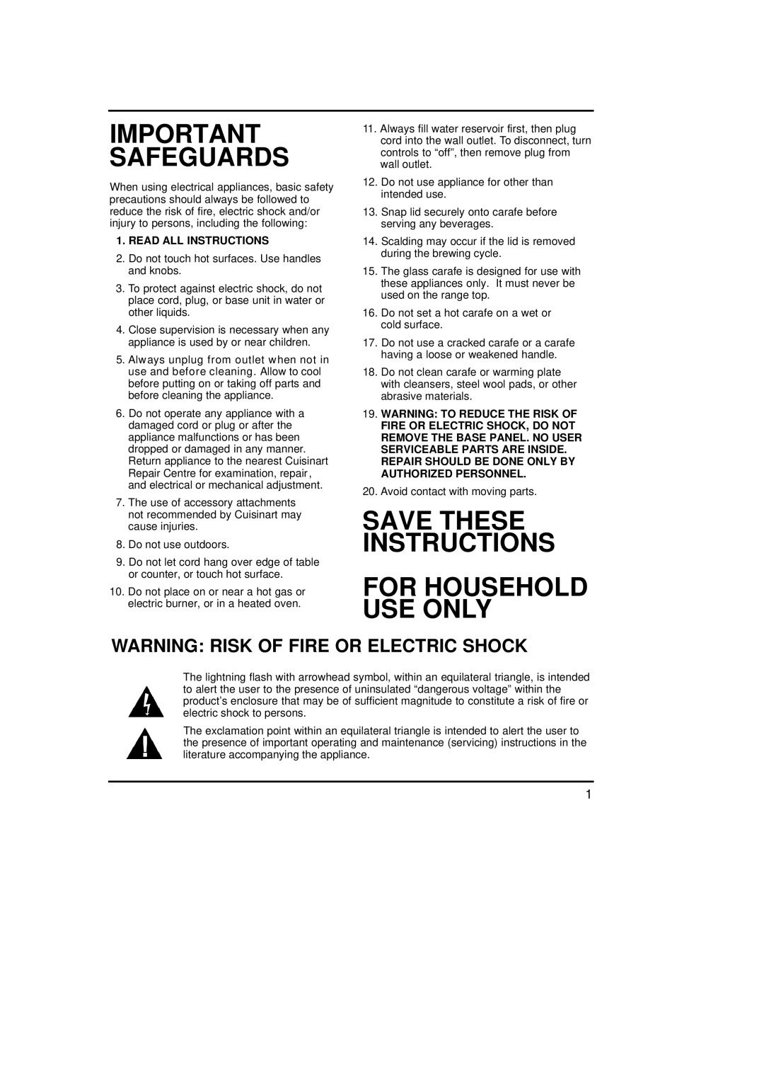 Cuisinart DCC-900C manual Important Safeguards, Warning Risk Of Fire Or Electric Shock, Read All Instructions 