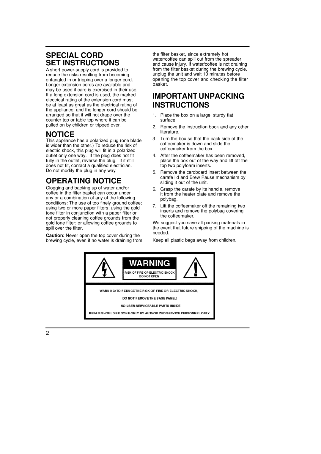 Cuisinart DCC-900C manual Special Cord Set Instructions, Operating Notice, Important Unpacking Instructions 