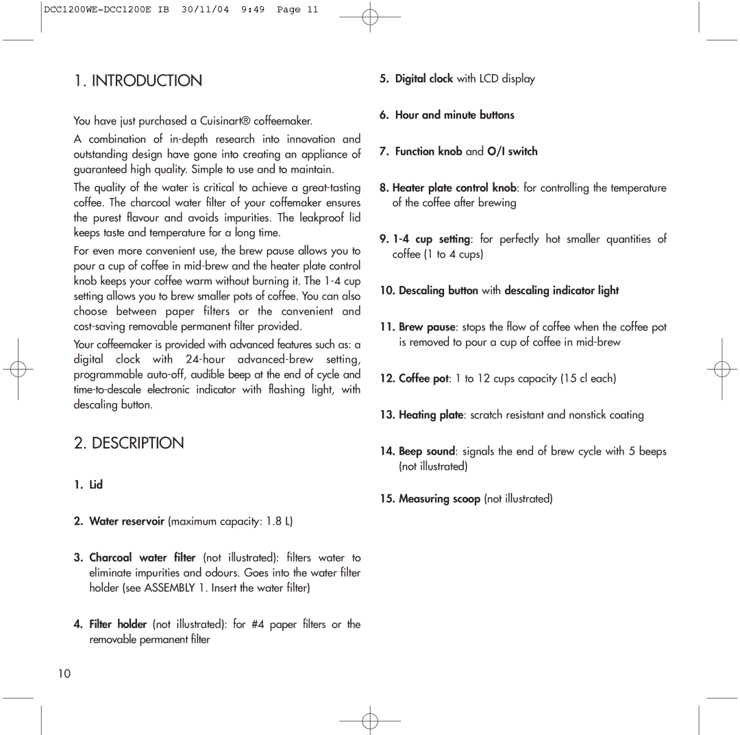 Cuisinart DCC1200E, DCC1200WE manual Introduction, Description 