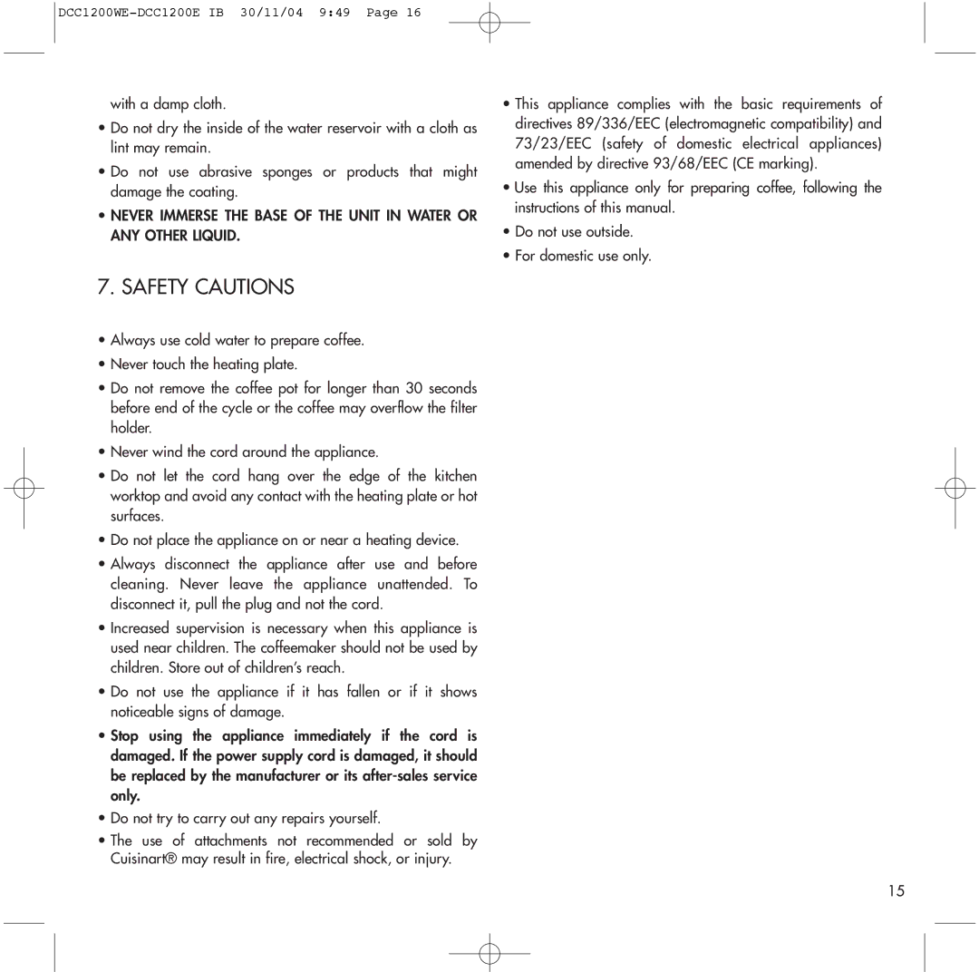 Cuisinart DCC1200WE, DCC1200E manual Safety Cautions 