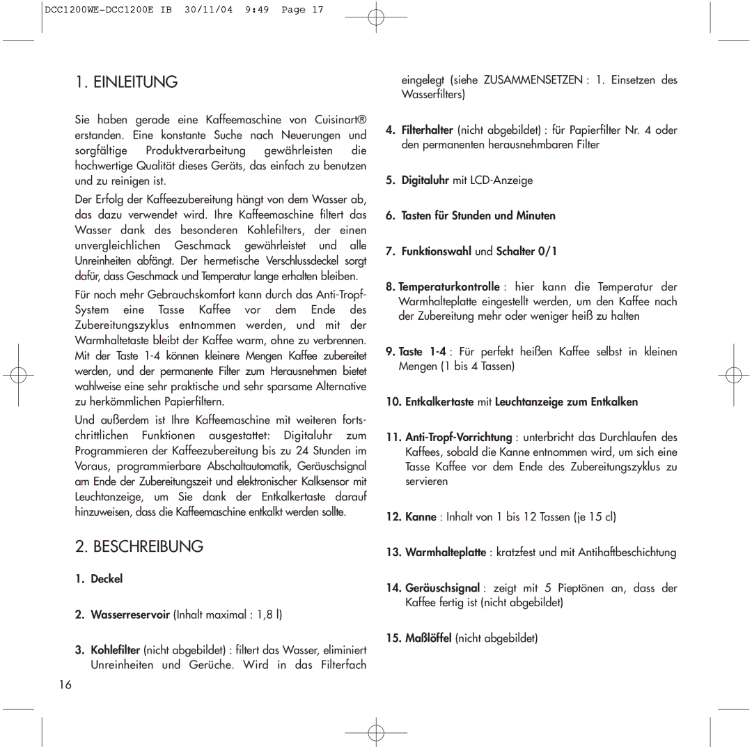 Cuisinart DCC1200E, DCC1200WE manual Einleitung, Beschreibung 