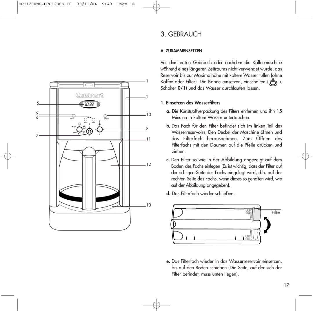 Cuisinart DCC1200WE, DCC1200E manual Gebrauch, Zusammensetzen 