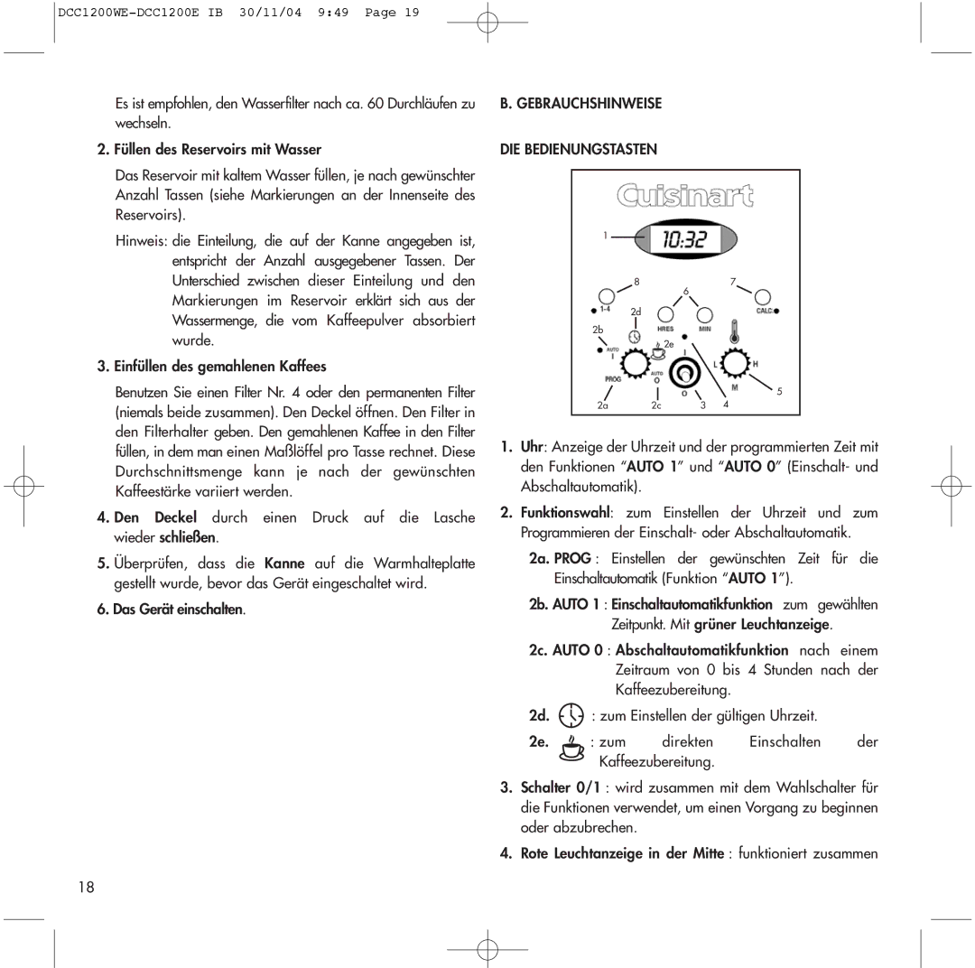 Cuisinart DCC1200E, DCC1200WE manual Gebrauchshinweise DIE Bedienungstasten 