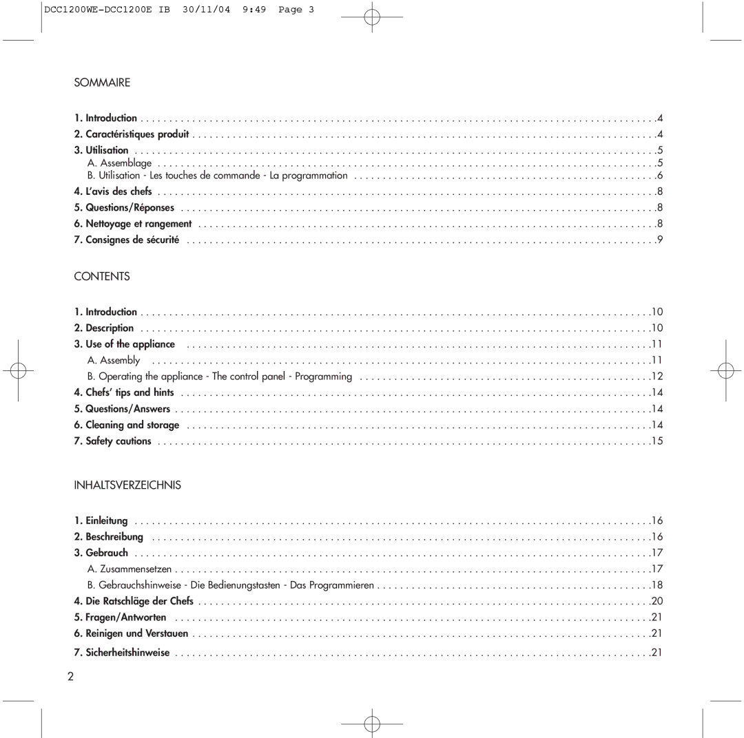 Cuisinart DCC1200E, DCC1200WE manual Sommaire, Contents, Inhaltsverzeichnis 