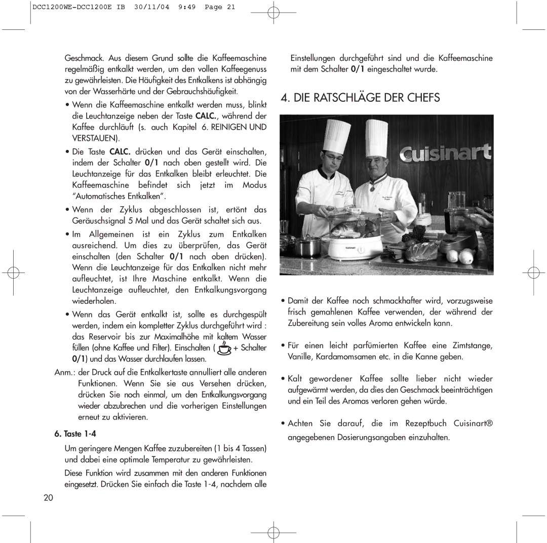 Cuisinart DCC1200E, DCC1200WE manual DIE Ratschläge DER Chefs 