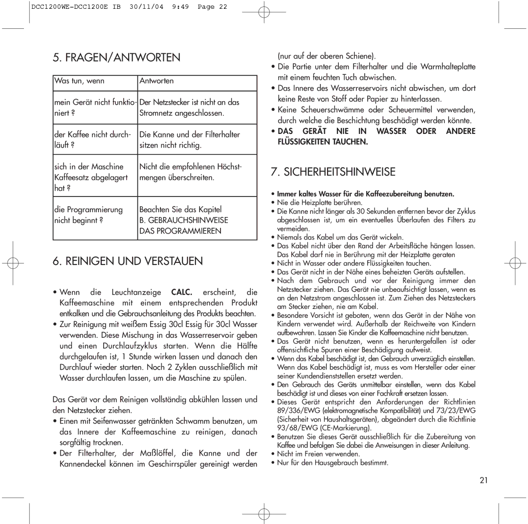 Cuisinart DCC1200WE, DCC1200E manual Fragen/Antworten, Reinigen UND Verstauen, Sicherheitshinweise, Gebrauchshinweise 