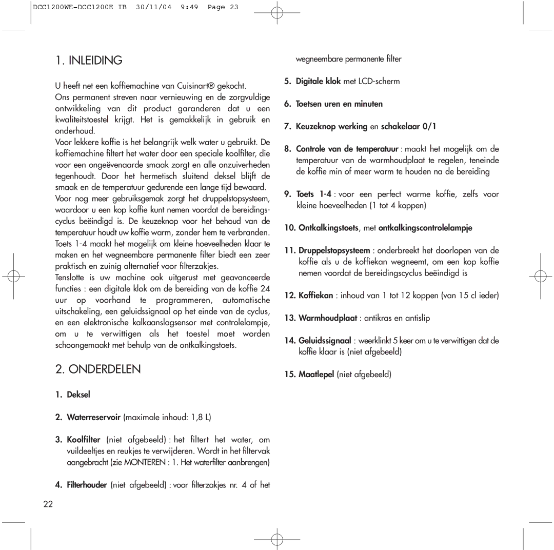 Cuisinart DCC1200E, DCC1200WE manual Inleiding, Onderdelen 