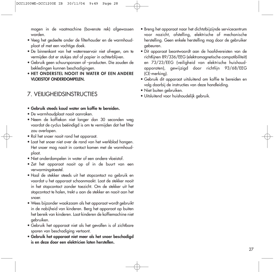 Cuisinart DCC1200WE, DCC1200E manual Veiligheidsinstructies 