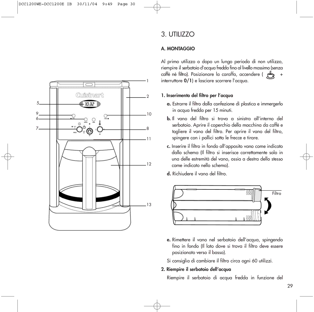 Cuisinart DCC1200WE, DCC1200E manual Utilizzo, Montaggio 