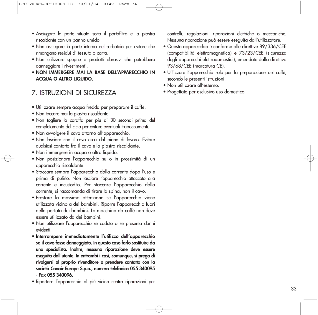 Cuisinart DCC1200WE, DCC1200E manual Istruzioni DI Sicurezza 