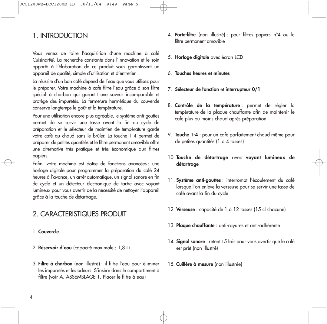 Cuisinart DCC1200E, DCC1200WE manual Introduction, Caracteristiques Produit 