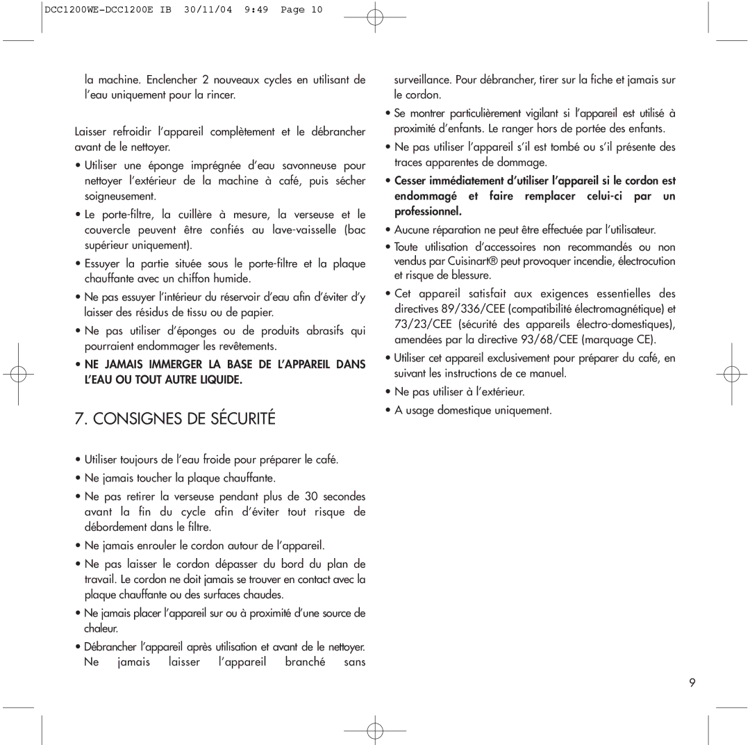 Cuisinart DCC1200WE, DCC1200E manual Consignes DE Sécurité 